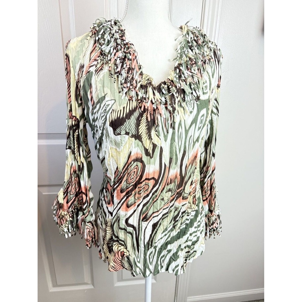 Dressbarn Blouse Womens Large Green Abstract Fringe Boho Top - Picture 2 of 8